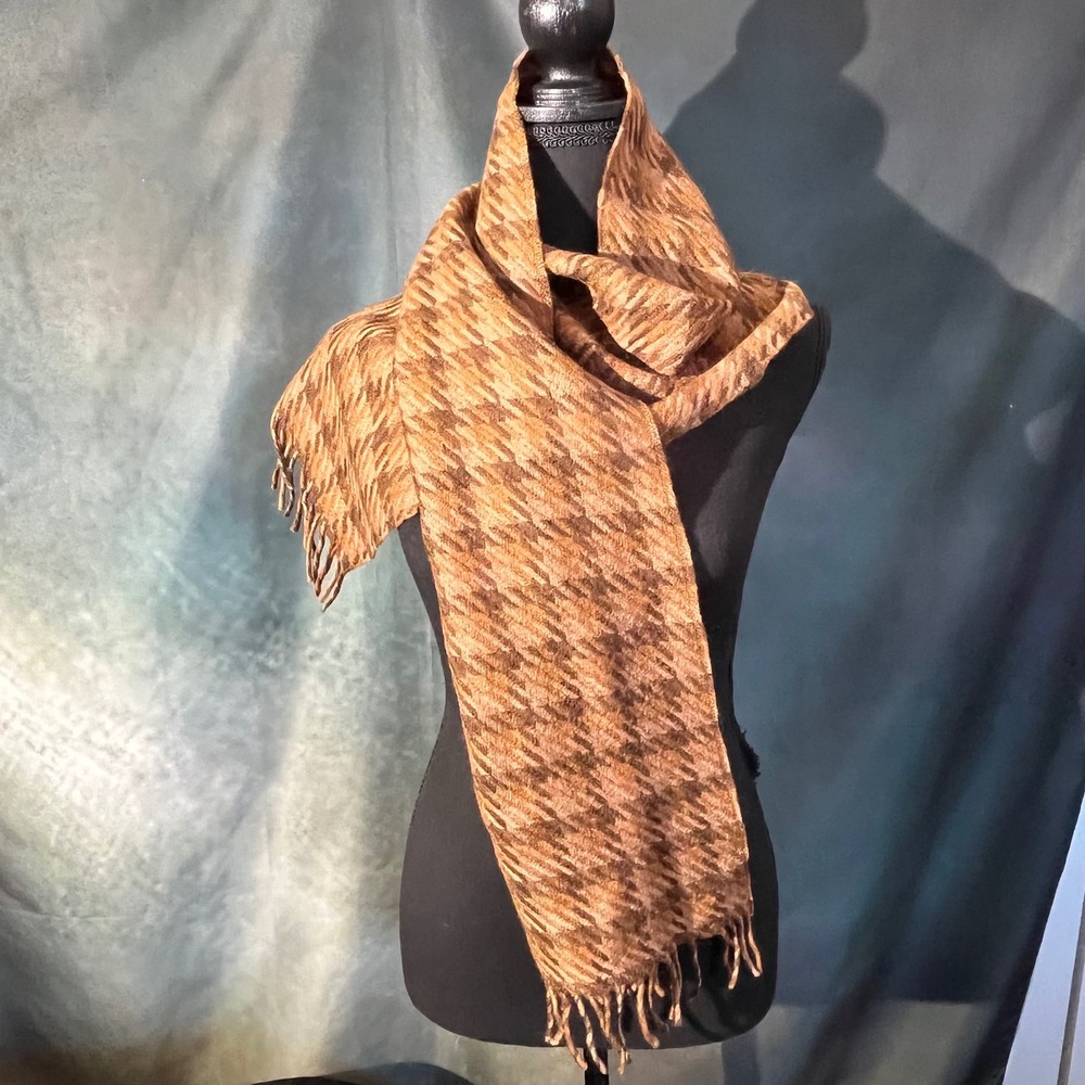 Givenchy Monsieur Brown Houndstooth 100% Lambswool Scarf Vintage Fringed Mens